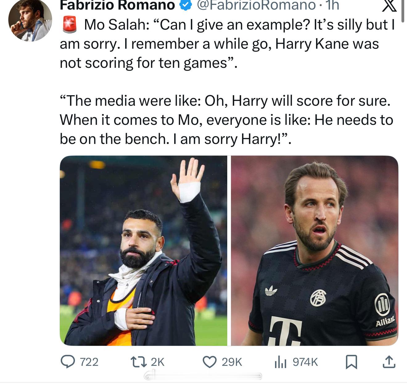 萨拉赫勇直接把凯恩拿出来举例，揭露英美双标对待英格兰球员和外籍球员更没好果子吃了