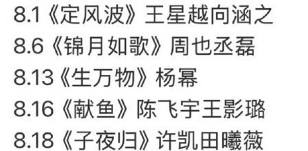 暑期剧集大战来了，八月要播五部剧王星越向涵之《定风波》，周也丞磊《锦月如歌》，杨