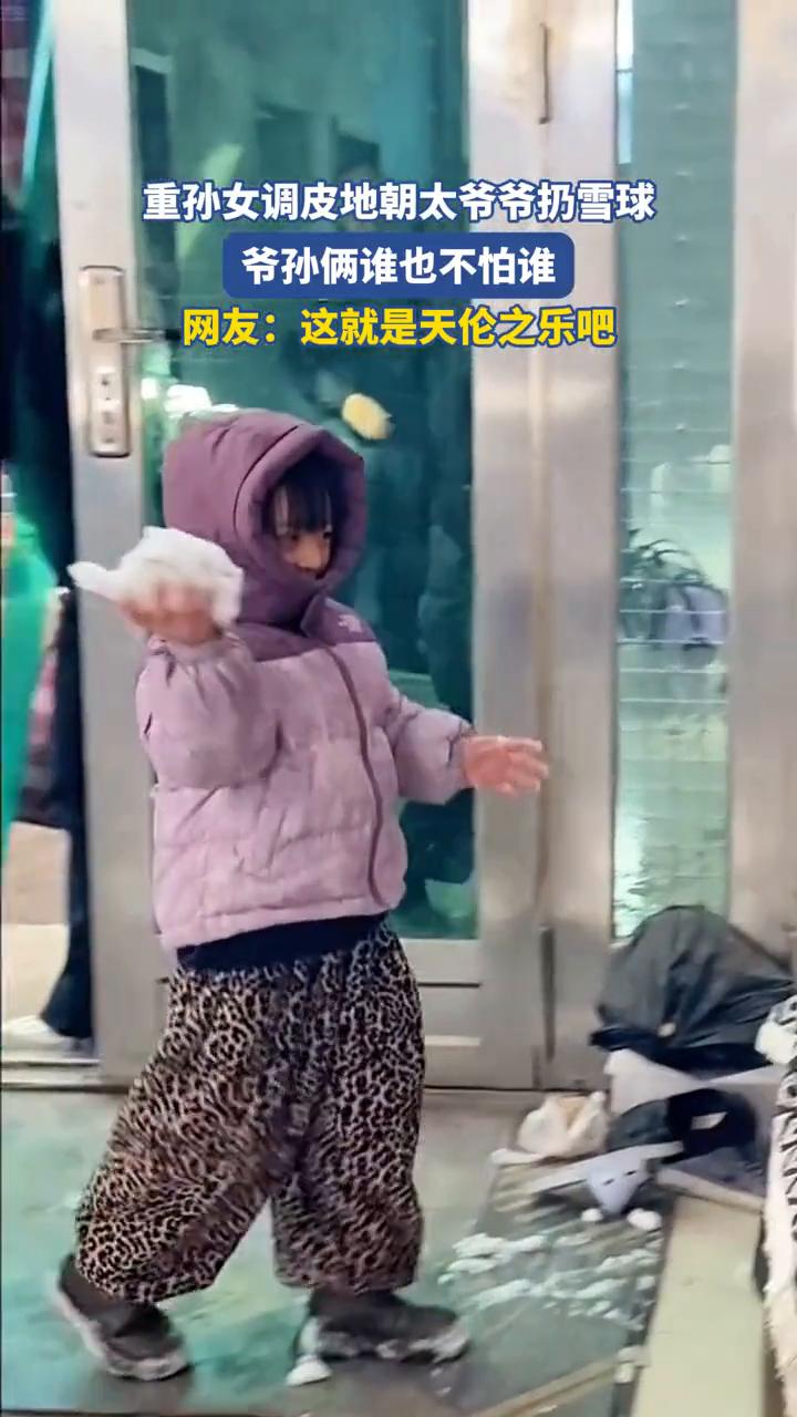重孙女调皮地朝太爷爷扔雪球，爷孙俩谁也不怕谁。
网友：这就是天伦之乐吧。