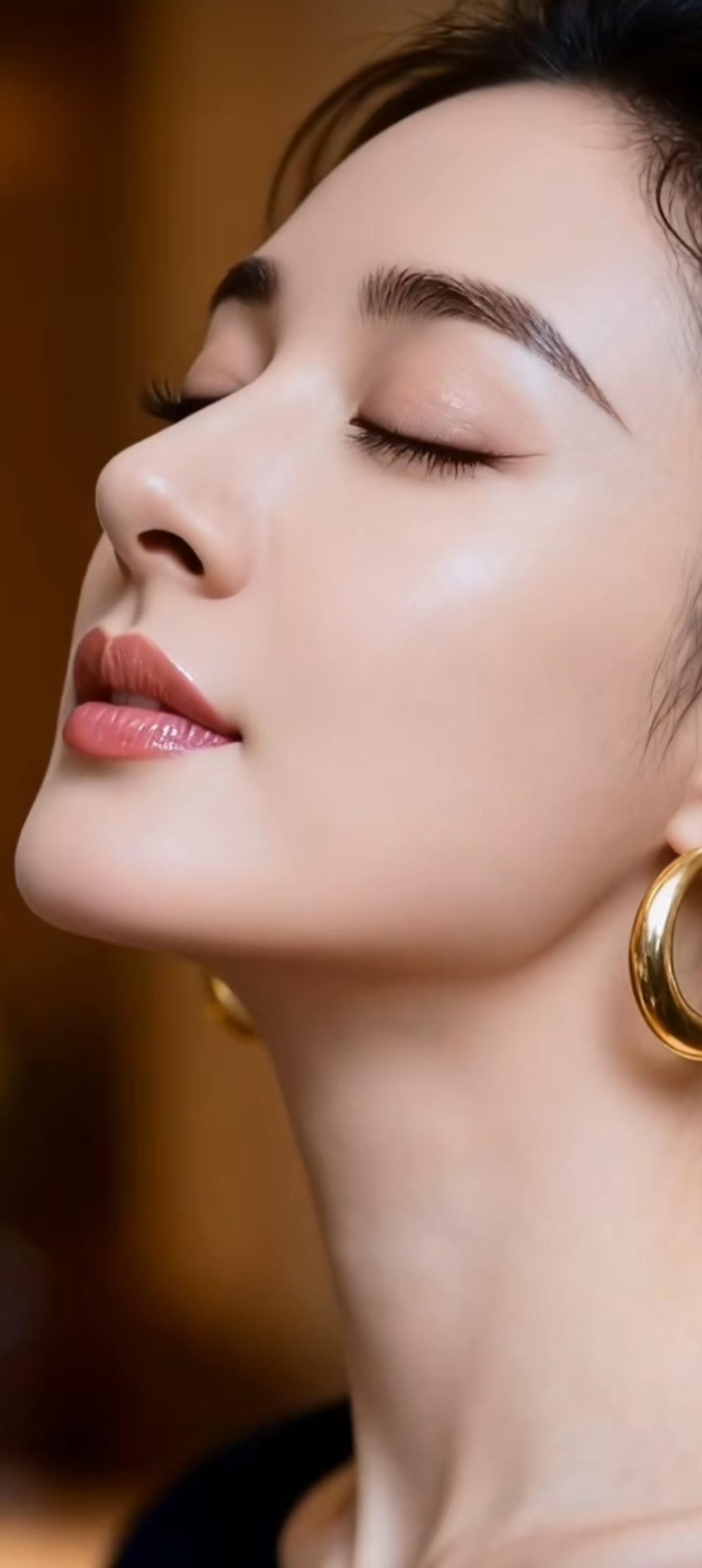 闭眼沉思，金环耳坠，优雅气质，沉静之美。