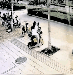 这女的是不是不会骑电动车啊，那么宽的路不走，非要往树上撞，树都撞倒了，差一点就砸