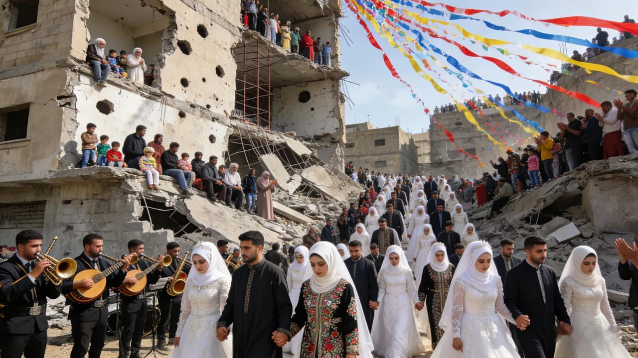 标题（18字）
 
加沙废墟婚礼：炮火下的誓言藏着何意？
 
当以色列战机的轰鸣