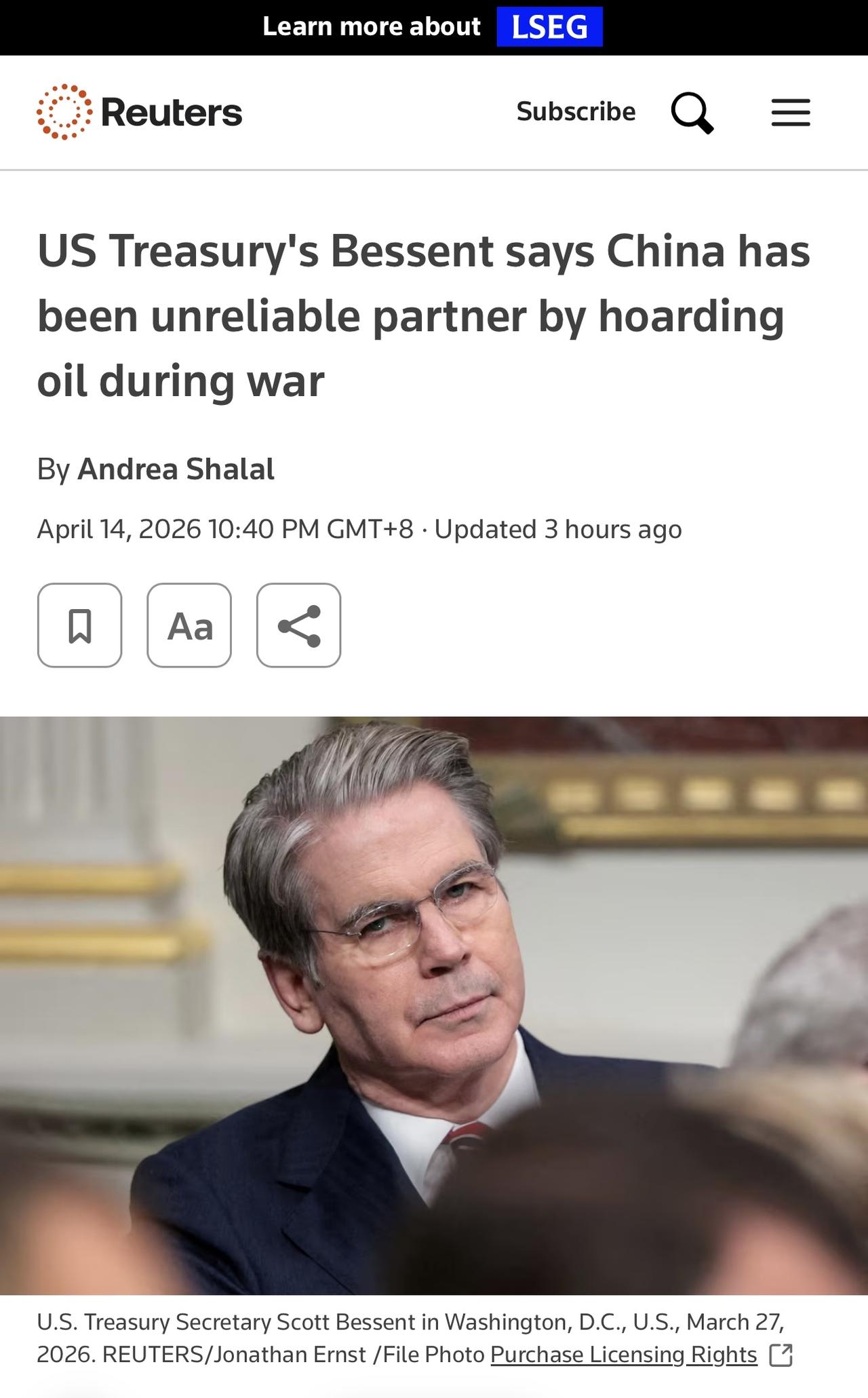 张嘴就来，血口喷人

美国财政部长贝森特Scott Bessent周二表示，在中