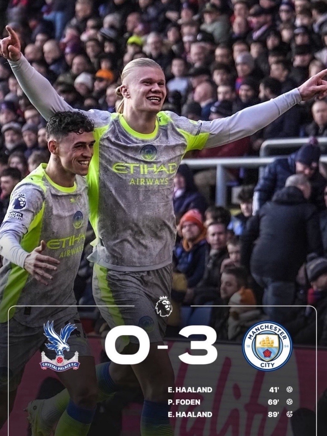 英超第16轮，曼城客场迎战水晶宫，哈兰德头球破门加点球命中，梅开二度帮助曼城客场