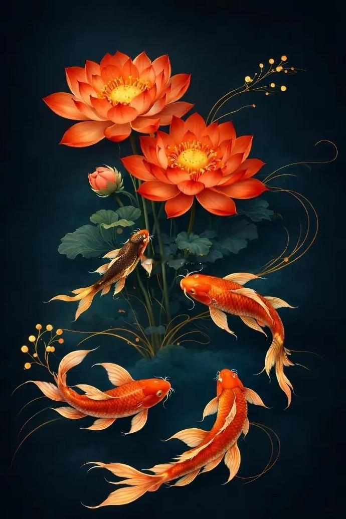 红莲启运，锦鲤纳财，四季富余，诸事安顺。 