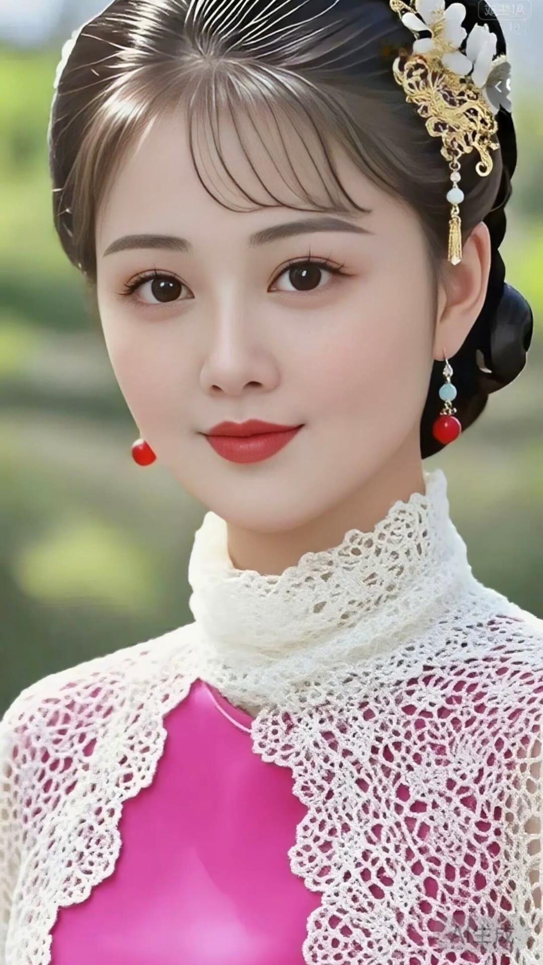 复古优雅，古典美少女，红唇白衣，韵味十足！