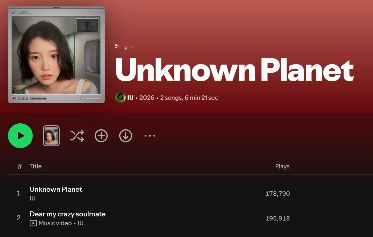 IU『Dear my crazy soulmate』Spotify首日未过滤流媒