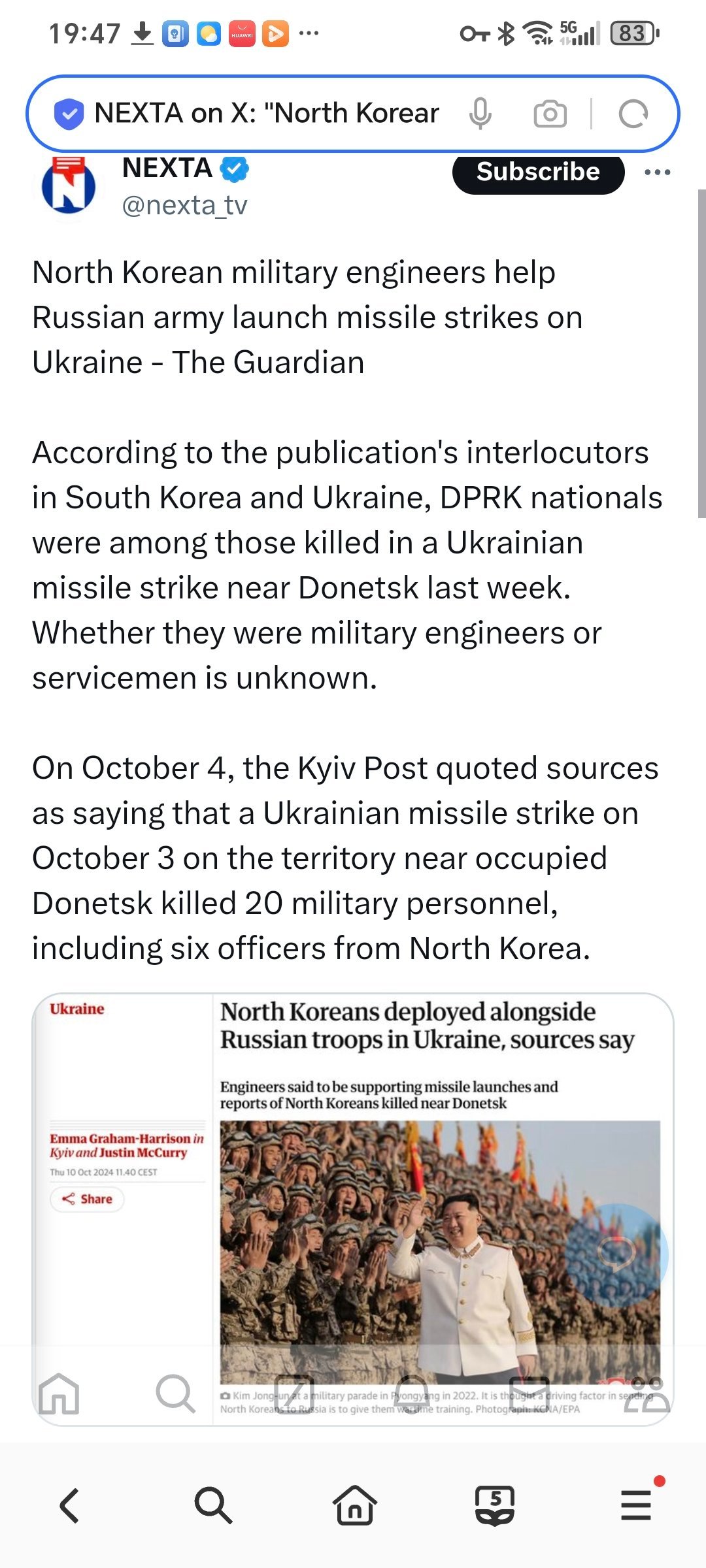 曹鲜工兵帮助俄军对乌克兰发动导弹袭击 - ——《卫报》据该刊物在韩国和乌克兰的对