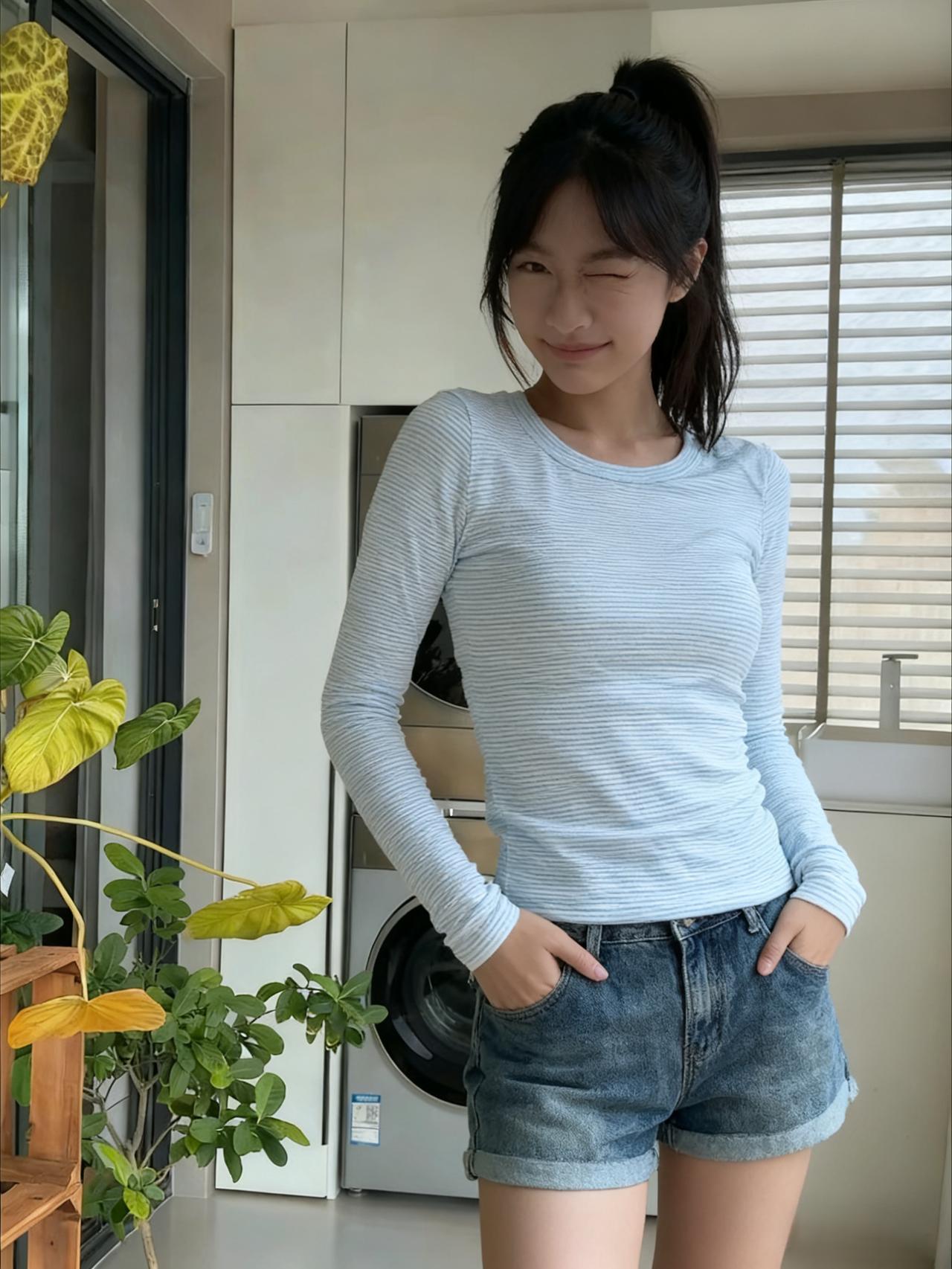 蓝白条纹裹玉身，牛仔裤角卷风尘。
马尾轻扬遮笑靥，未知芳心许何人。