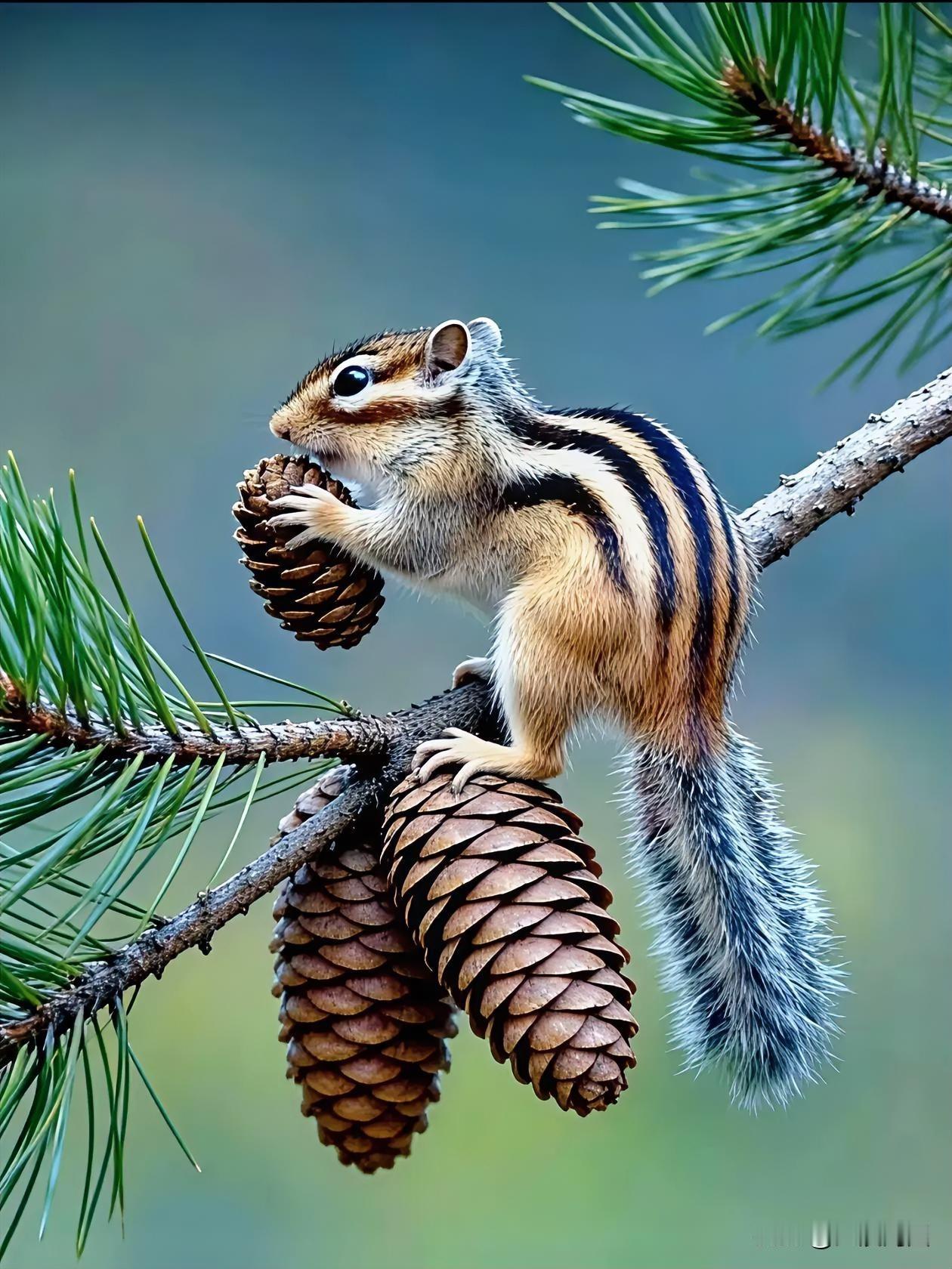 小松鼠在松树上啃着松果，模样可爱极了，生动的姿态让人忍俊不禁！软萌小松鼠 松树上