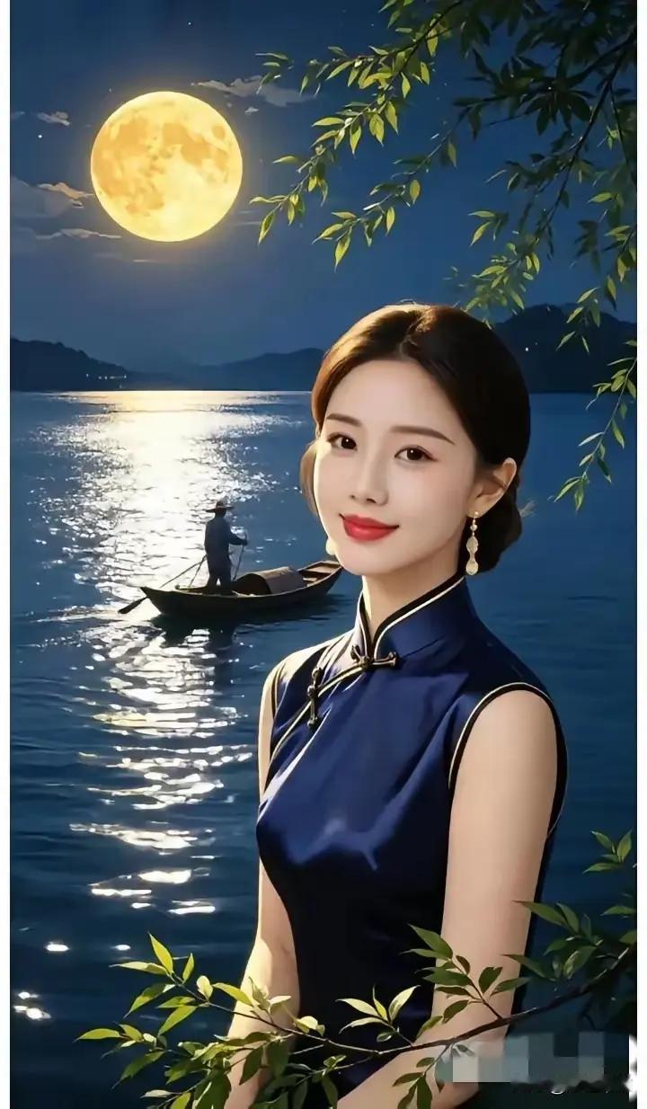 月下美女更娇艳，犹如嫦娥下凡间。