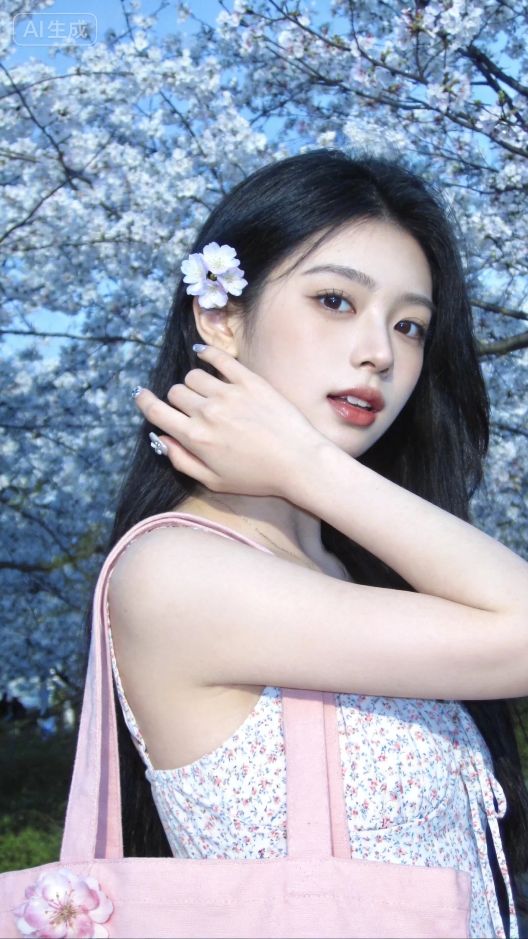 19岁韩国女生背着樱花粉的帆布包，少女感网拍iPhone拍摄，五官立体甜美，头上