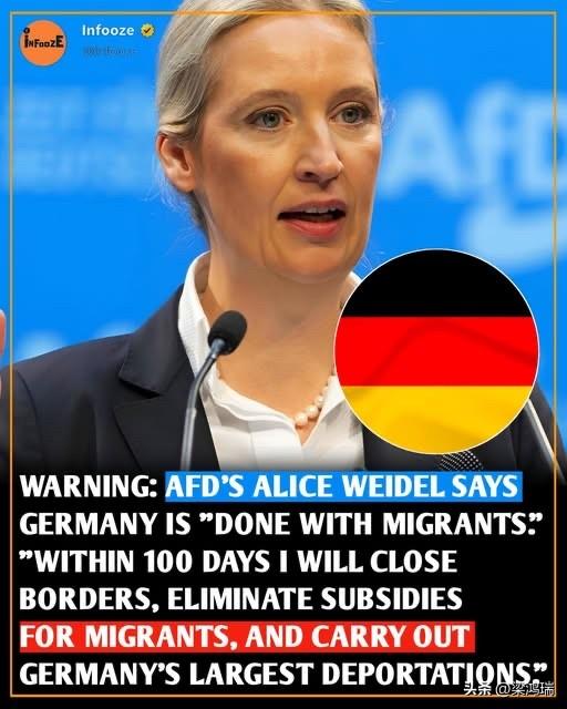德国选择党的艾丽斯·魏德尔表示，德国“已经受够了移民”。
“100天内，我将关闭