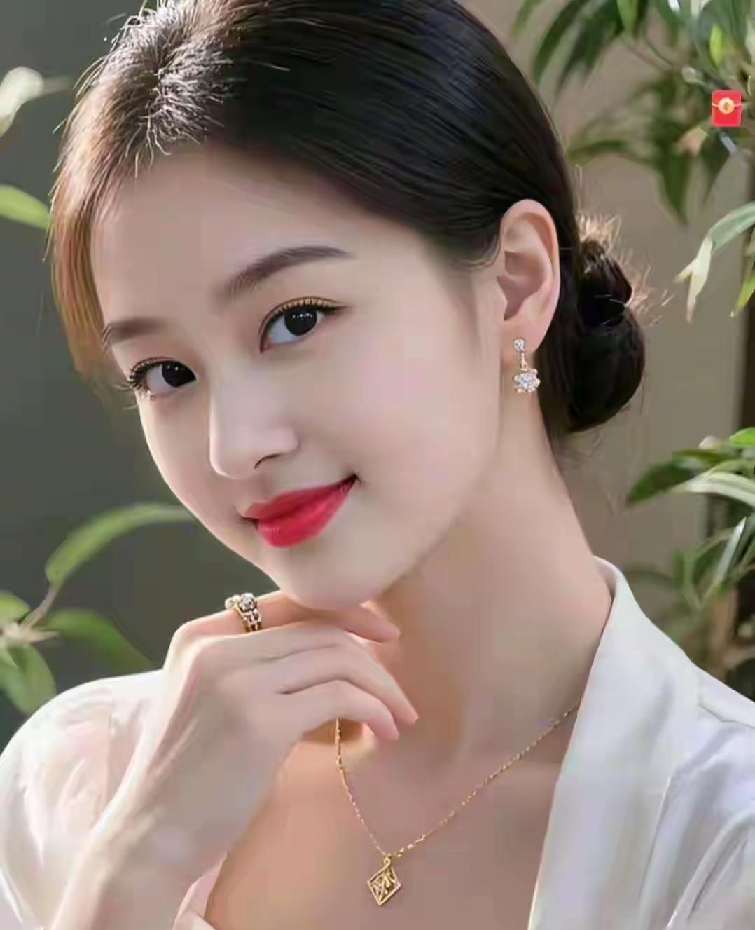 五律·清姿
 
翠叶衬芳颜，云鬟绾鬓边。
明眸凝婉韵，红唇绽嫣然。
金饰添雅致，