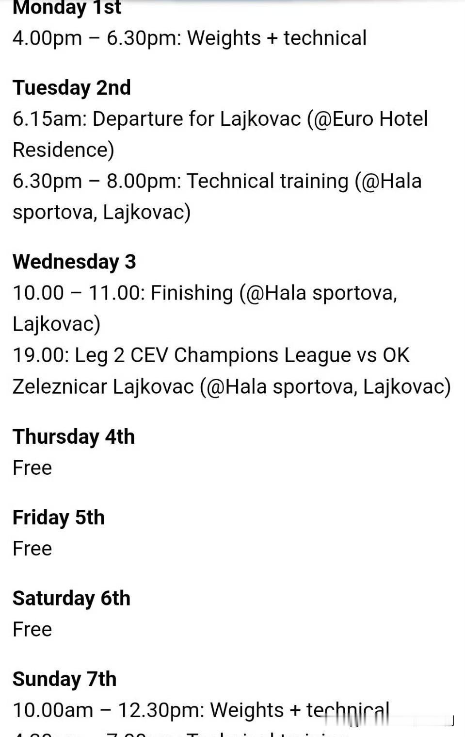 意大利🇮🇹蒙扎(米兰)俱乐部12月7日训练安排。
12月7日(星期日)
上午