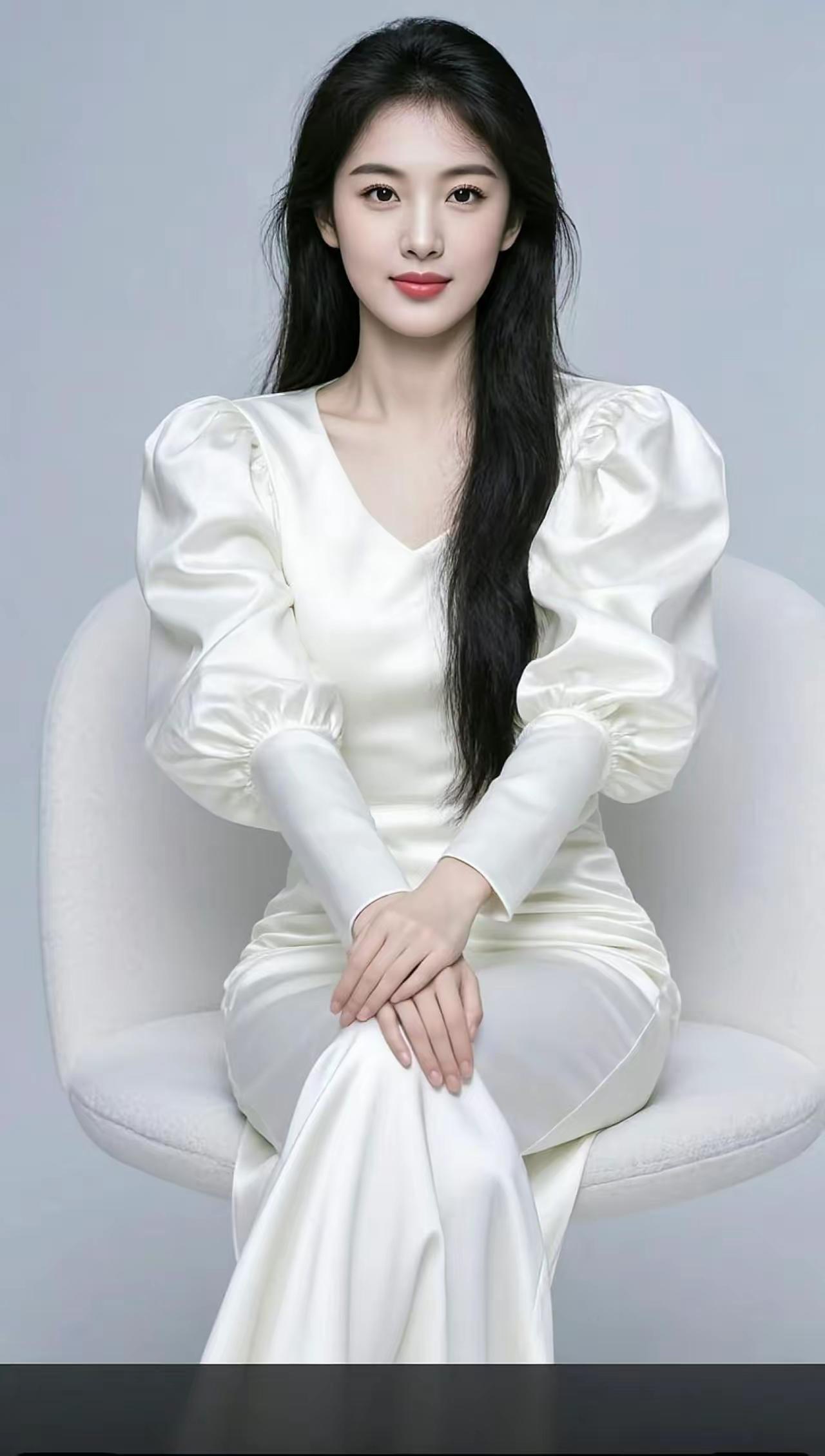 优雅白裙少女，静坐椅上，散发迷人魅力