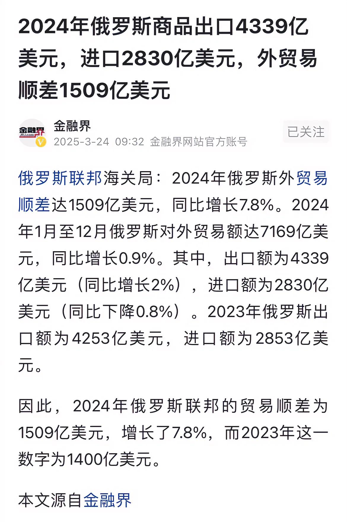 2024年俄罗斯进出口贸易总额7169亿美元，其中之一：出口4339亿美元，进口