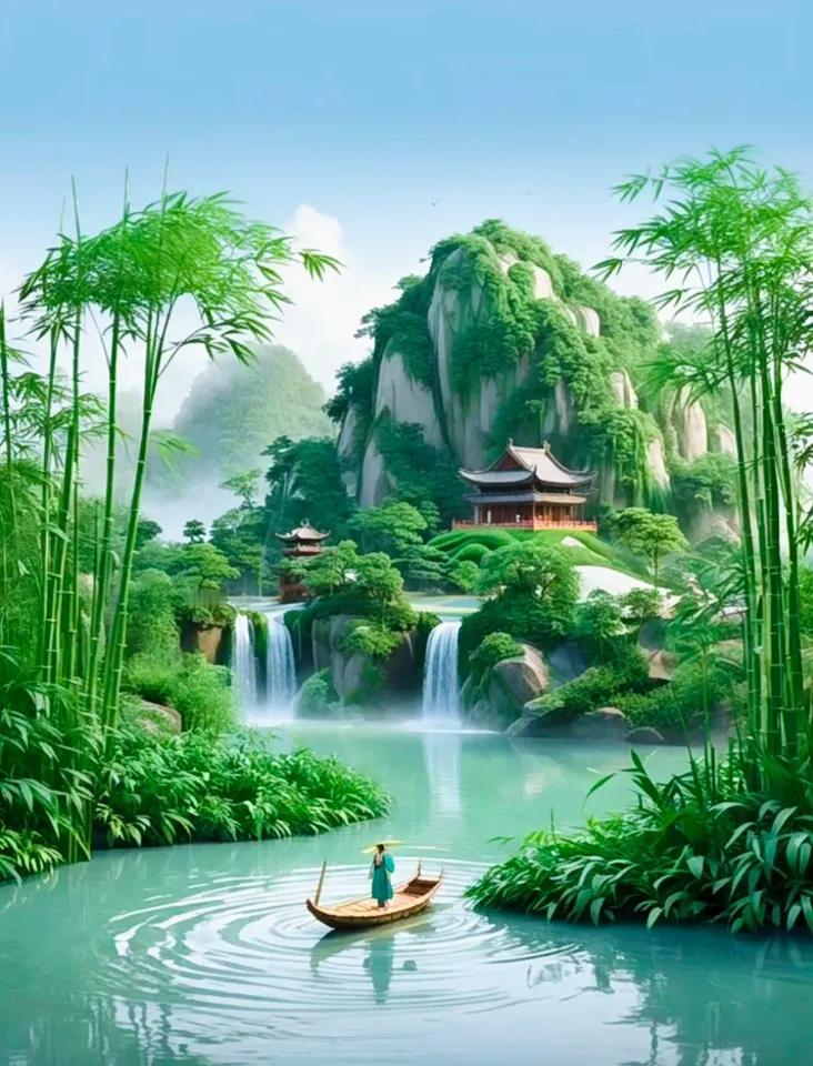 竹影横斜水清浅，桂香浮动月黄昏。树木葱茏绕清泉 烟柳芳草万千绦
