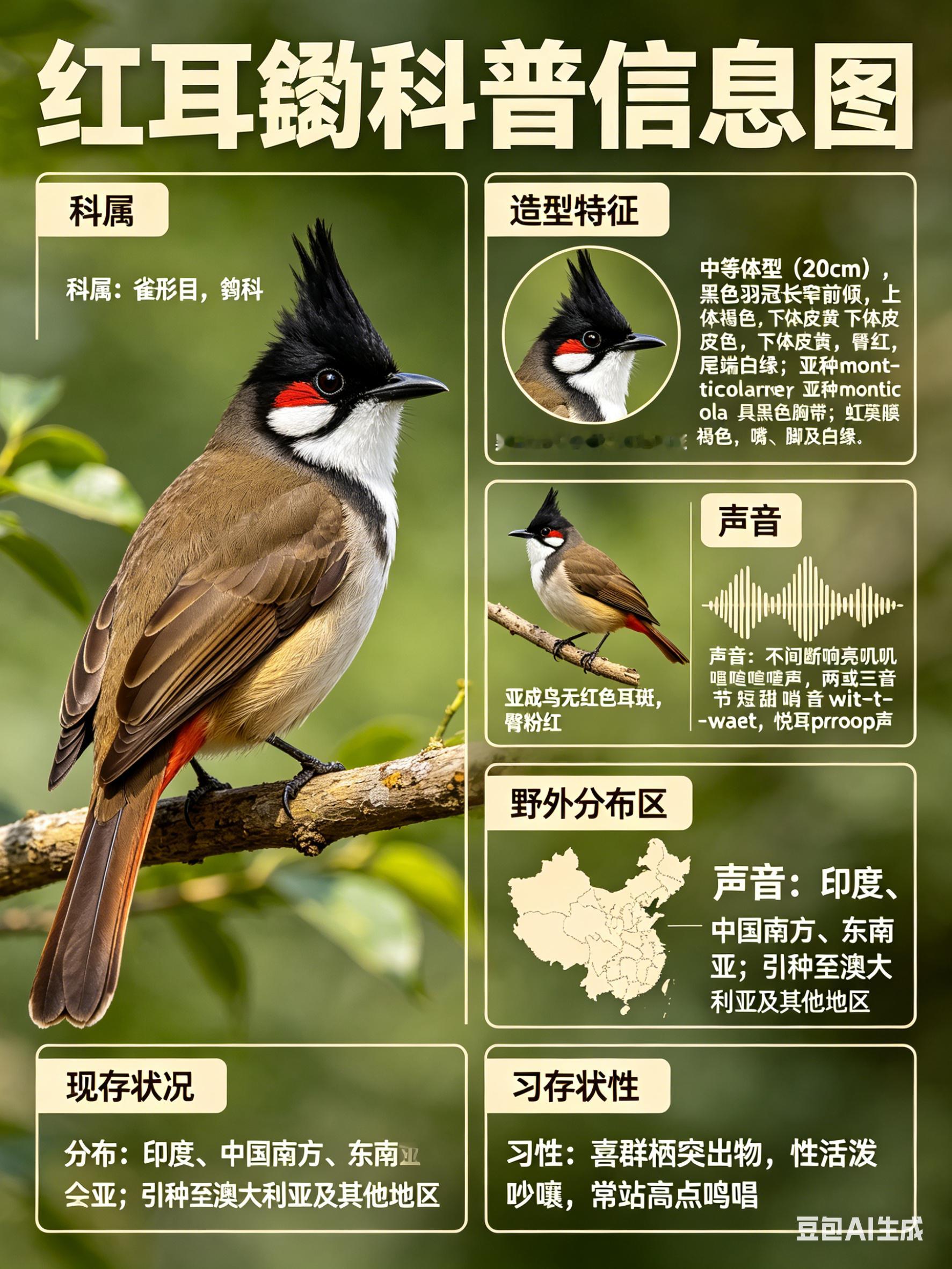 鸟类朋友图鉴 红耳鹎·科属：雀形目，鹎科。·外形特征：中等体型（20cm）的鹎。