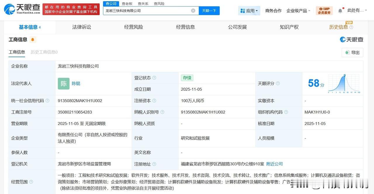 【美团在福建龙岩成立科技公司 注册资本100万】
天眼查工商信息显示，近日，龙岩