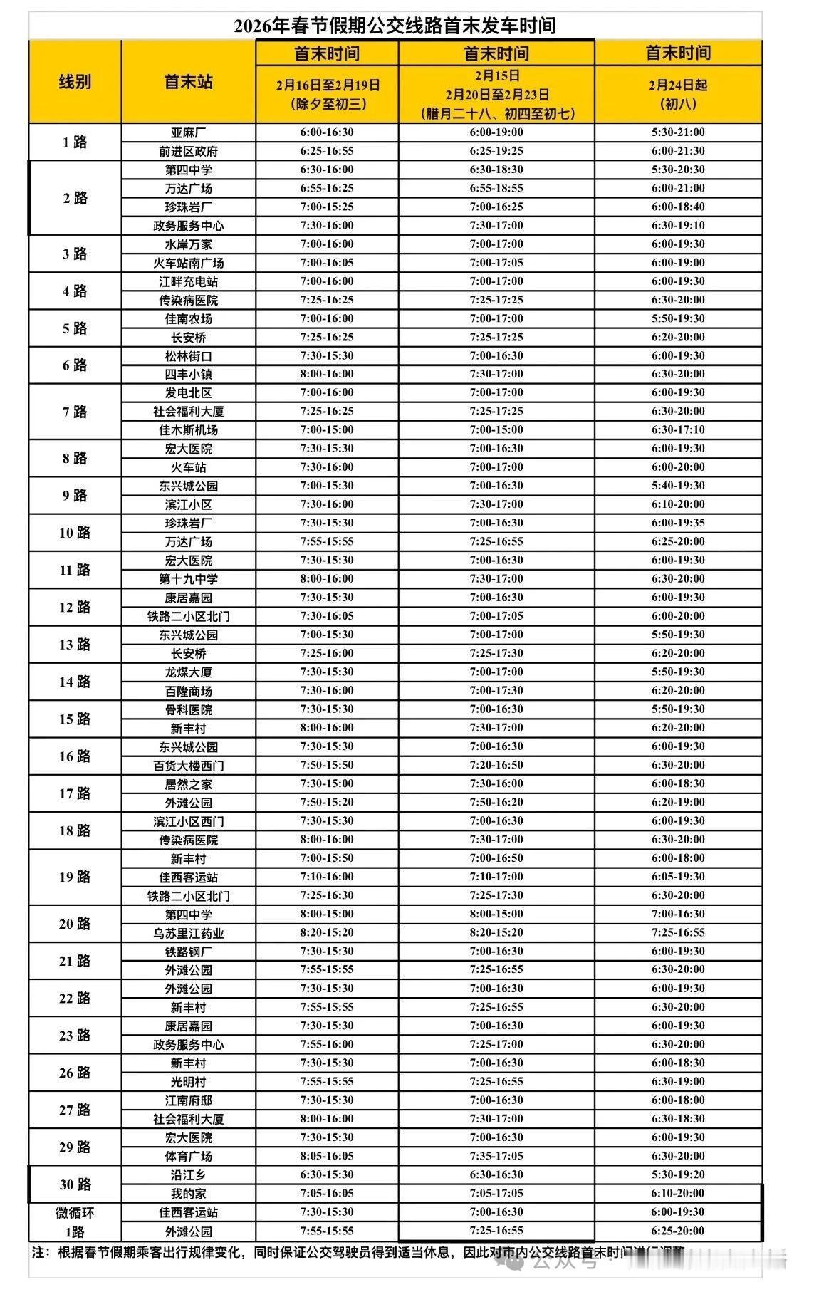 2026年春节假期公交线路首末发车时间！

来源：佳木斯公交
编审：丁兆勇
编辑