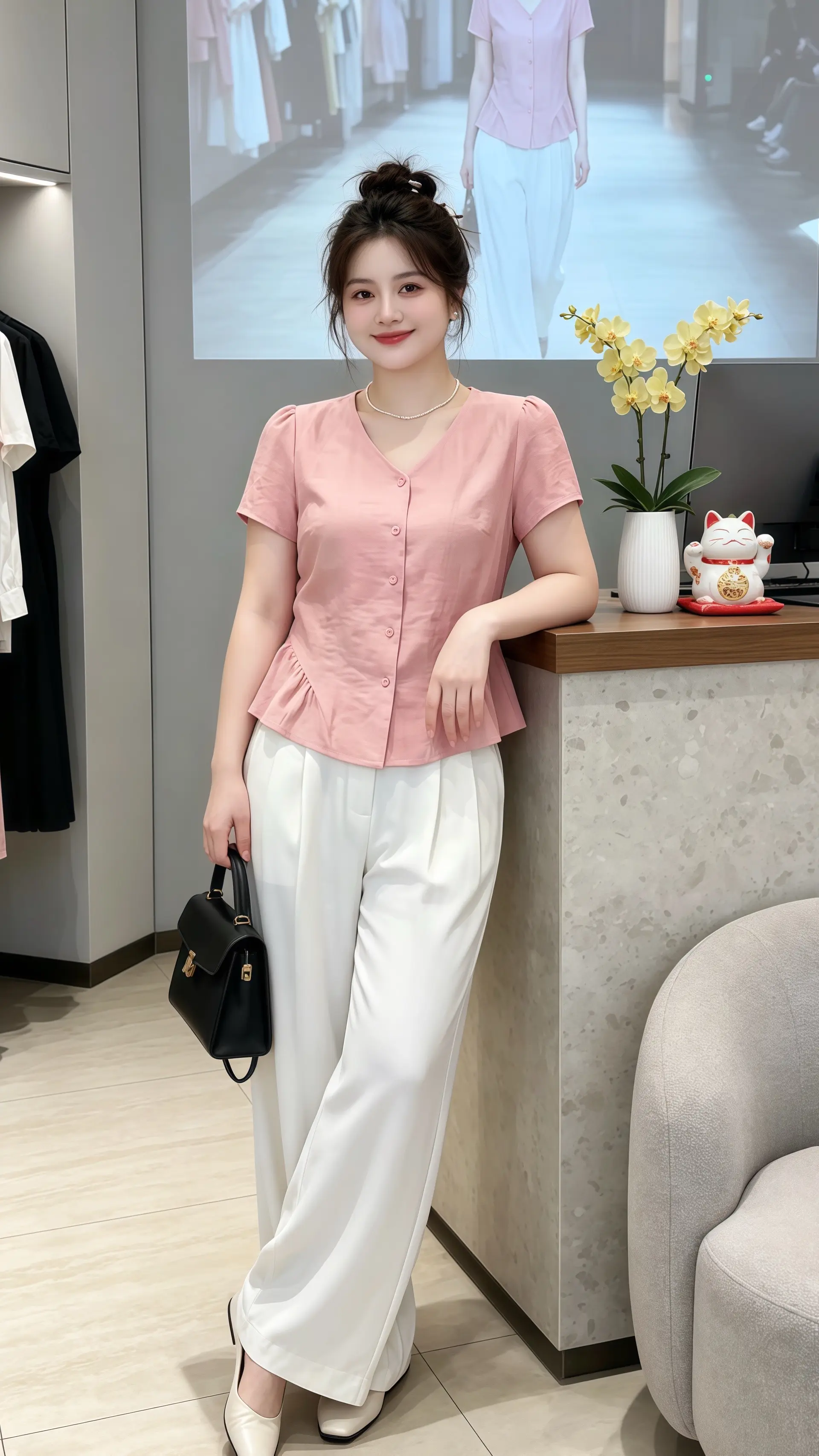 粉色v领短袖 温柔风日常穿搭 韩系简约穿搭 新中式穿搭 大码女装
