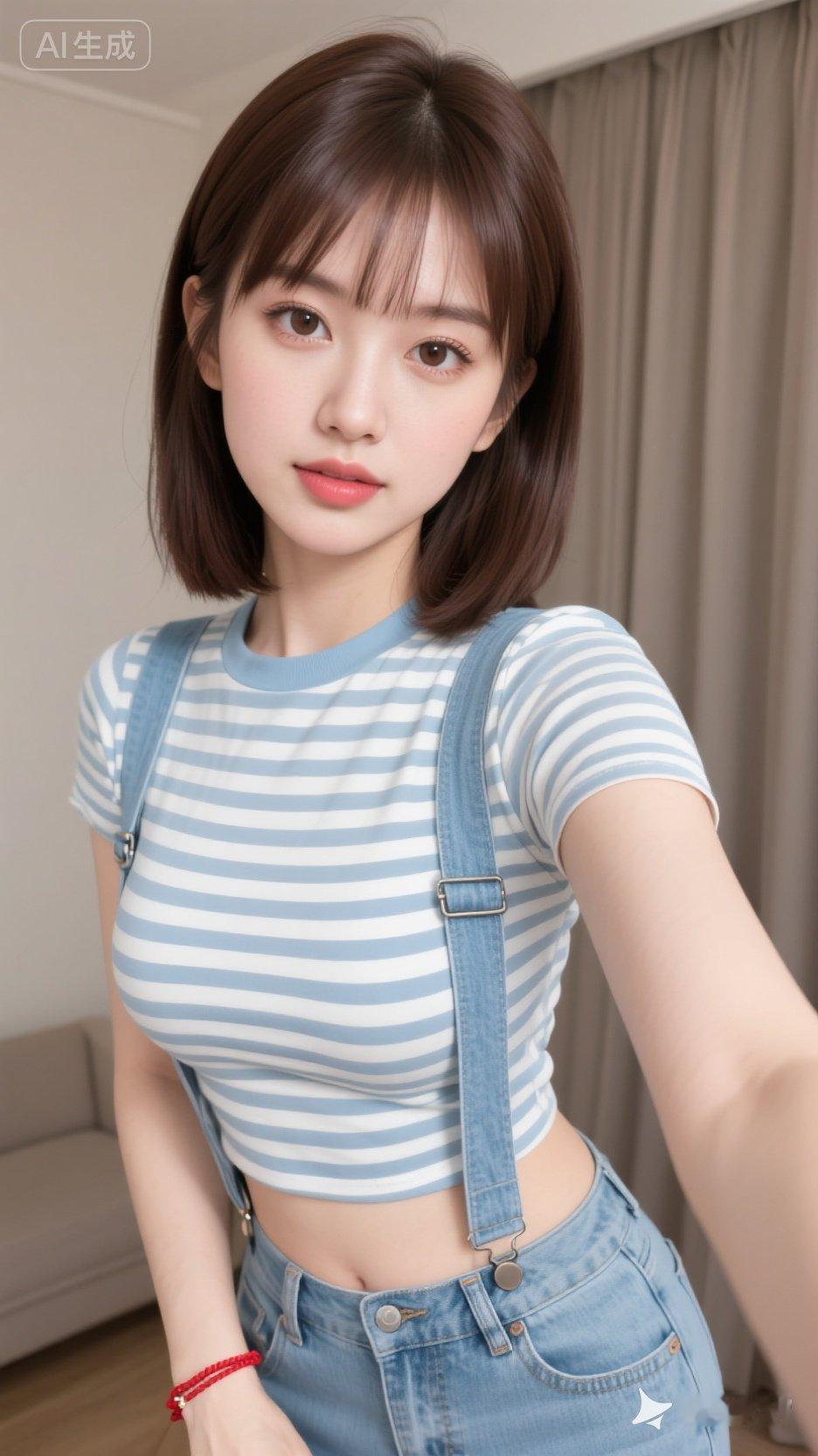 清新甜美穿搭，条纹短袖+牛仔背带裤，元气满满！🌟👗👖