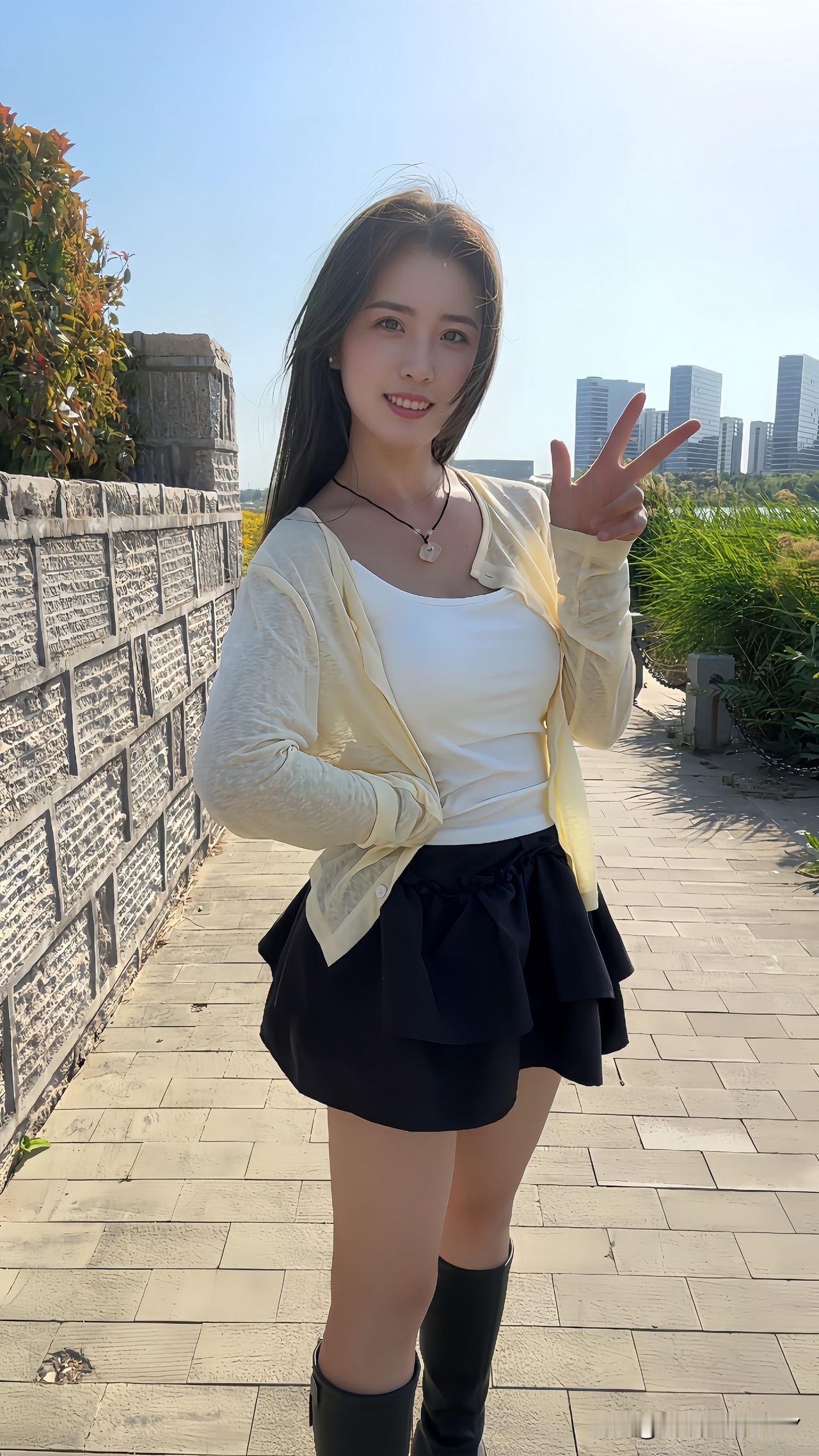 晒图笔记大赛 元气少女在古城墙边打卡，V字手势元气满满！📸👗🏰