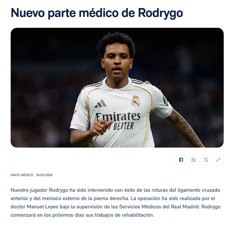 【官方通告】罗德里戈右腿前十字韧带与外侧半月板撕裂，手术已顺利完成。手术由曼努埃