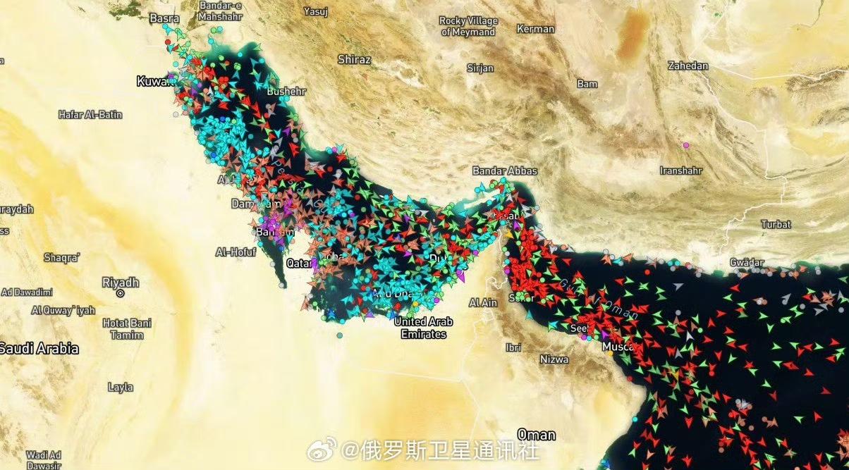 大量各类油轮在霍尔木兹海峡东部入口处及阿联酋东海岸附近水域聚集。图中红色标注为油