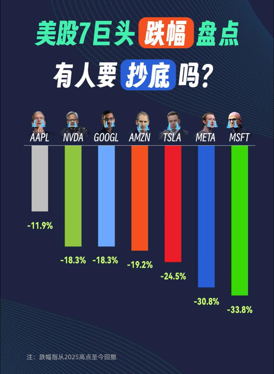 盘点美股七巨头从最高点到现在的跌幅，你们觉得现在是在山底还是山腰？能不能抄底？