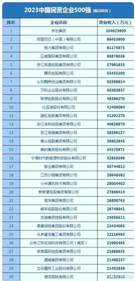 这是中国民营企业的的500强榜单的前30名，其中透露出了两个重要信息。第一，房地