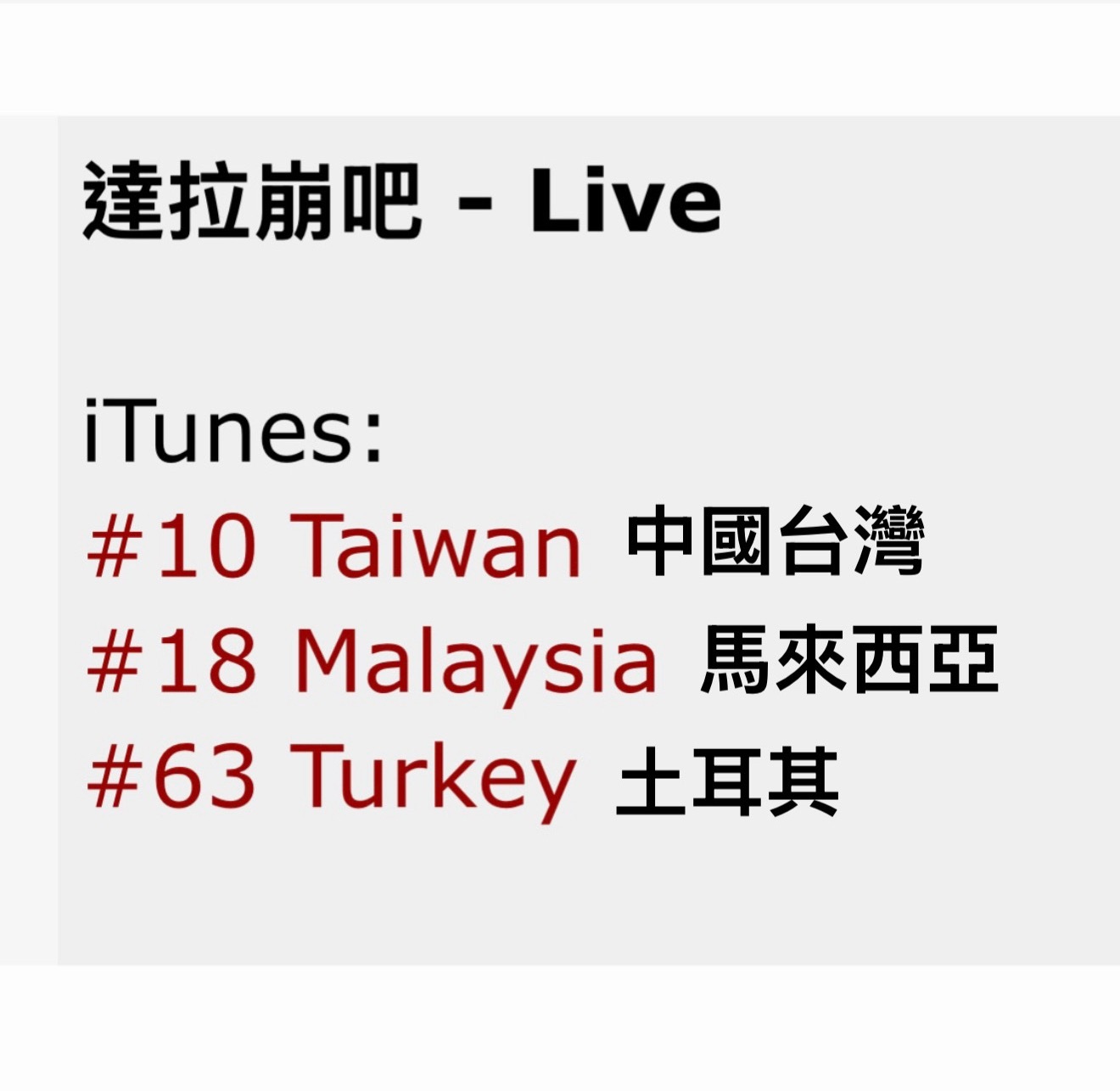 iTunes 音源也上線了土耳其也在達啦崩吧（來不及勇敢也上榜土耳其） 