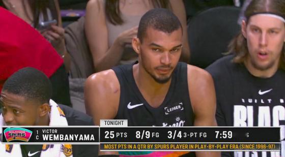 ▲文班这一节8分钟能砍25分，96-97赛季之后，唯一一位马刺球员能做到如此数据