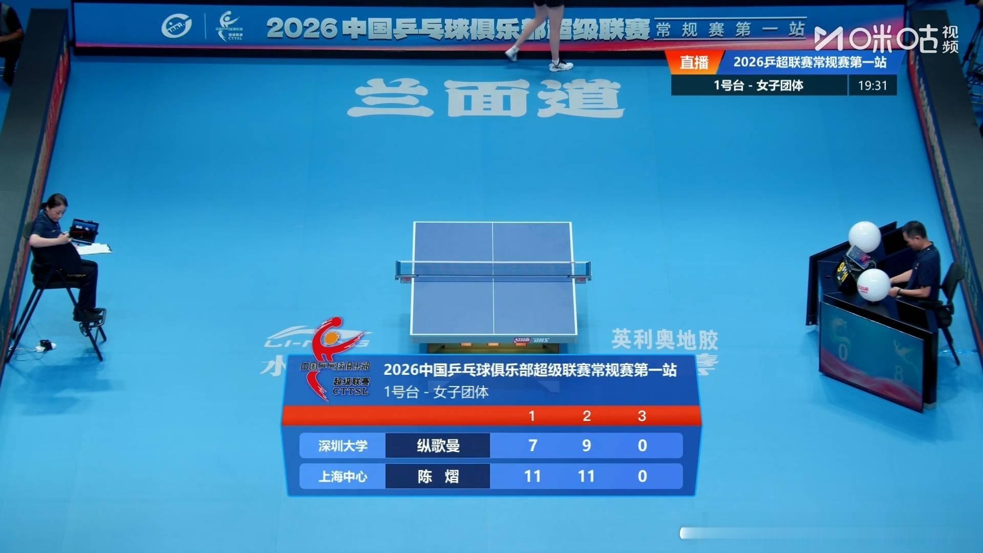 2026年乒超联赛常规赛第一站女团：上海中心八比零深圳大学孙铭阳万远3比0姚睿轩