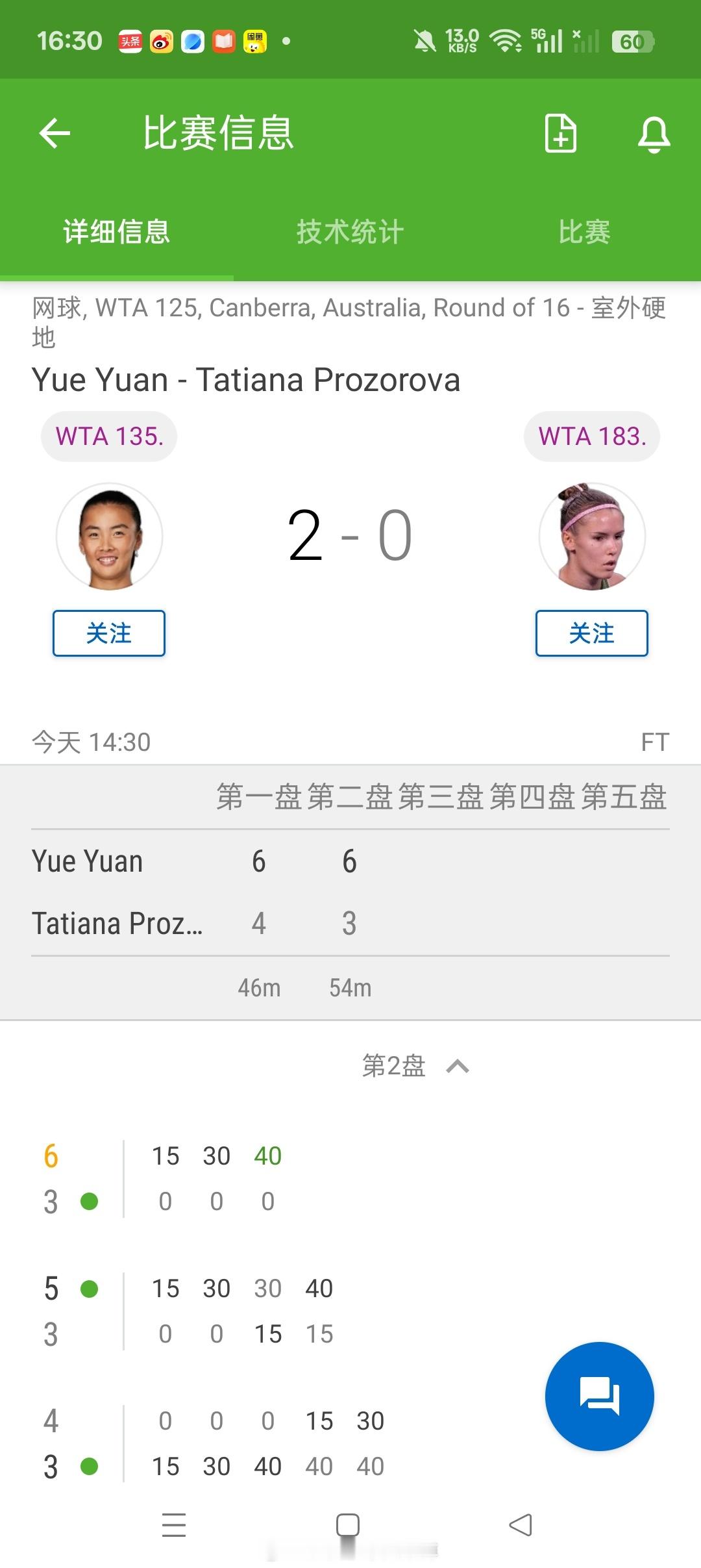 小花小草资讯 【🇦🇺堪培拉WTA125】女单正赛第二轮🇨🇳袁悦6-46-