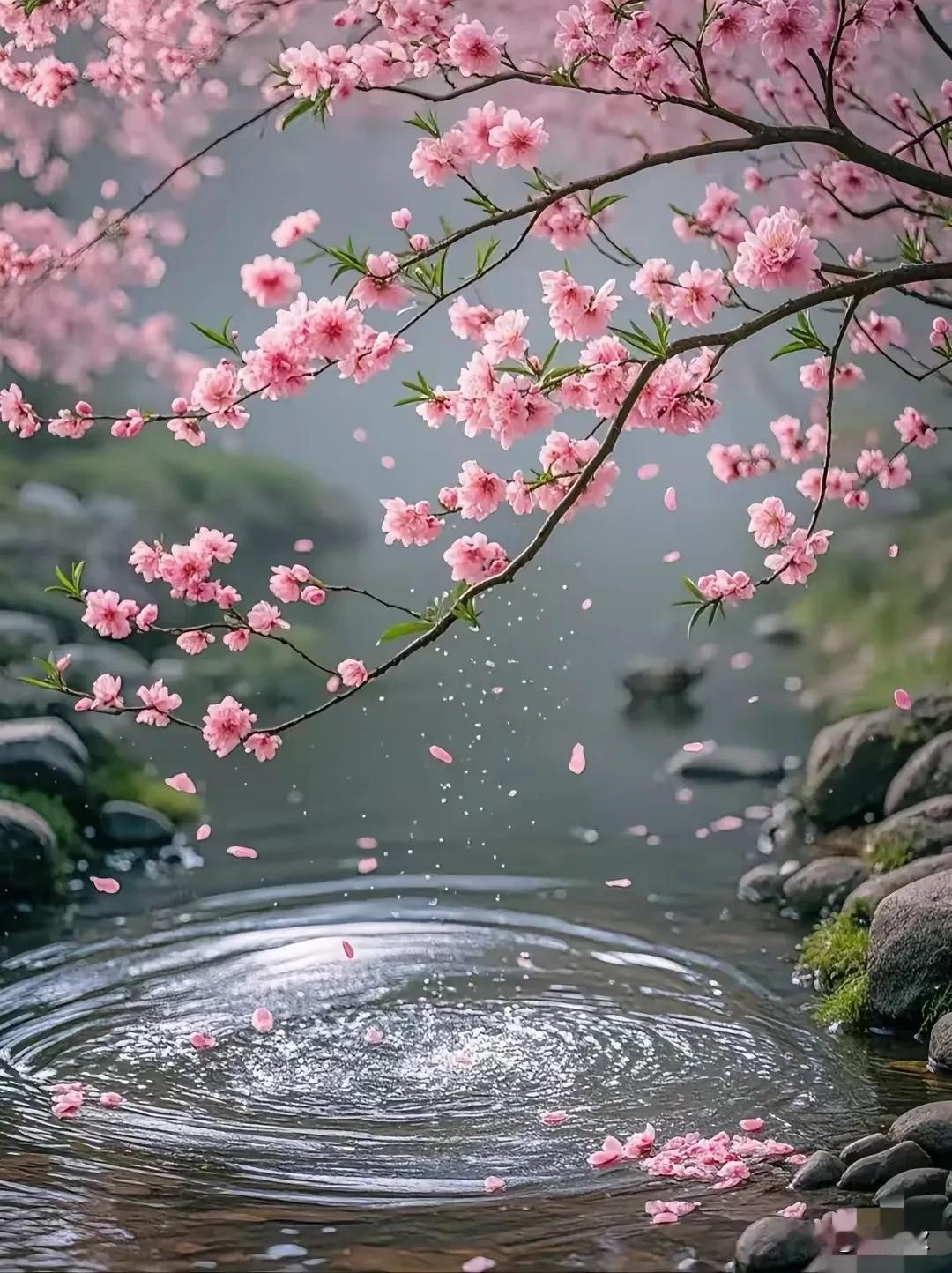 上联：春来水暖桃花艳
下联：雨打梨花白絮飞