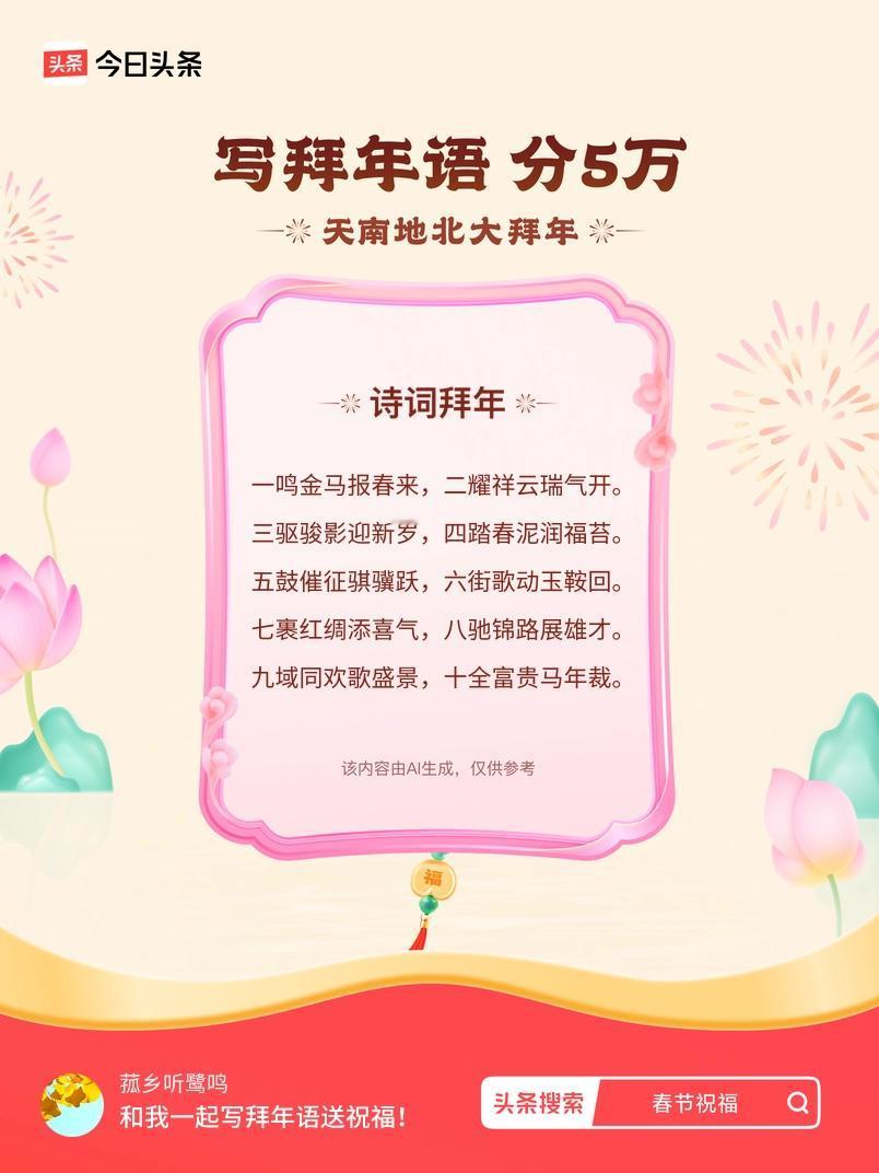 三驱骏影迎新岁，四踏春泥润福苔。 五鼓催征骐骥跃，六街歌动玉鞍回。 七裹红绸添喜