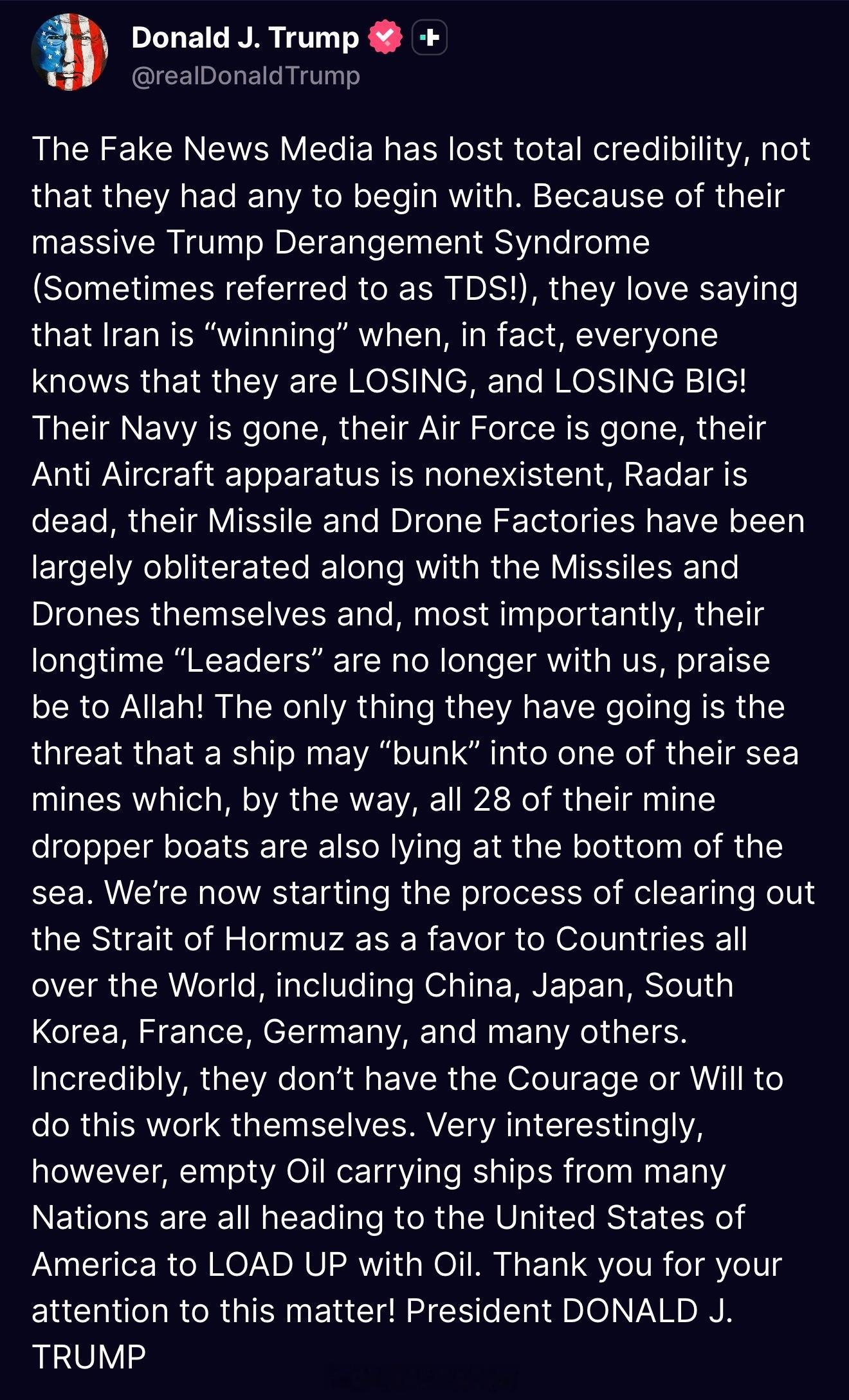 川普早上连发两条关于伊朗并骂媒体的帖子：“假新闻媒体早就把自己的公信力彻底败光了