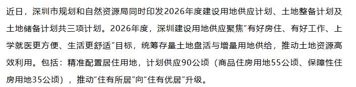 【融配达*早安资讯】深圳2026年建设用地供应计划出炉！