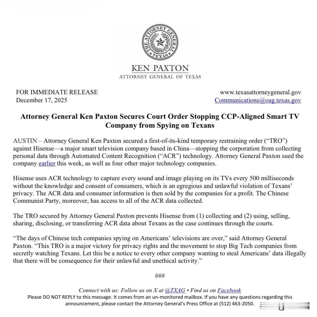 美国德克萨斯州总检察长肯·帕克斯顿（Ken Paxton）于2025年12月17