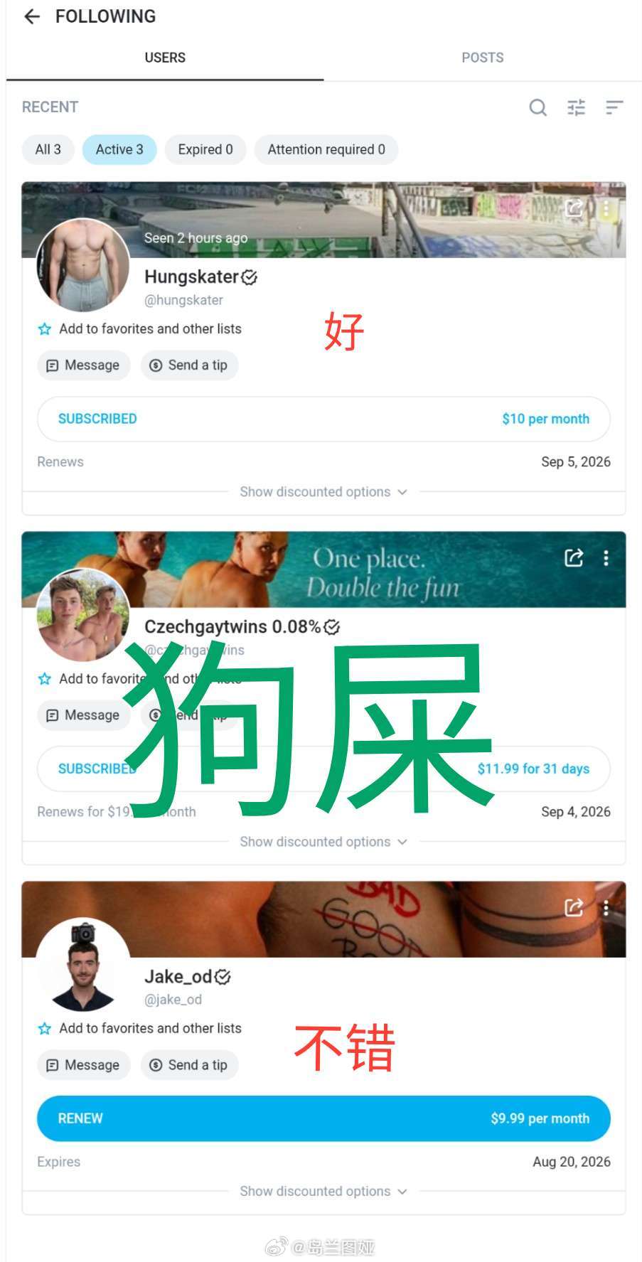这三个订阅的观后感第一个 hungskater 我很喜欢 很大 被X的时候很反差
