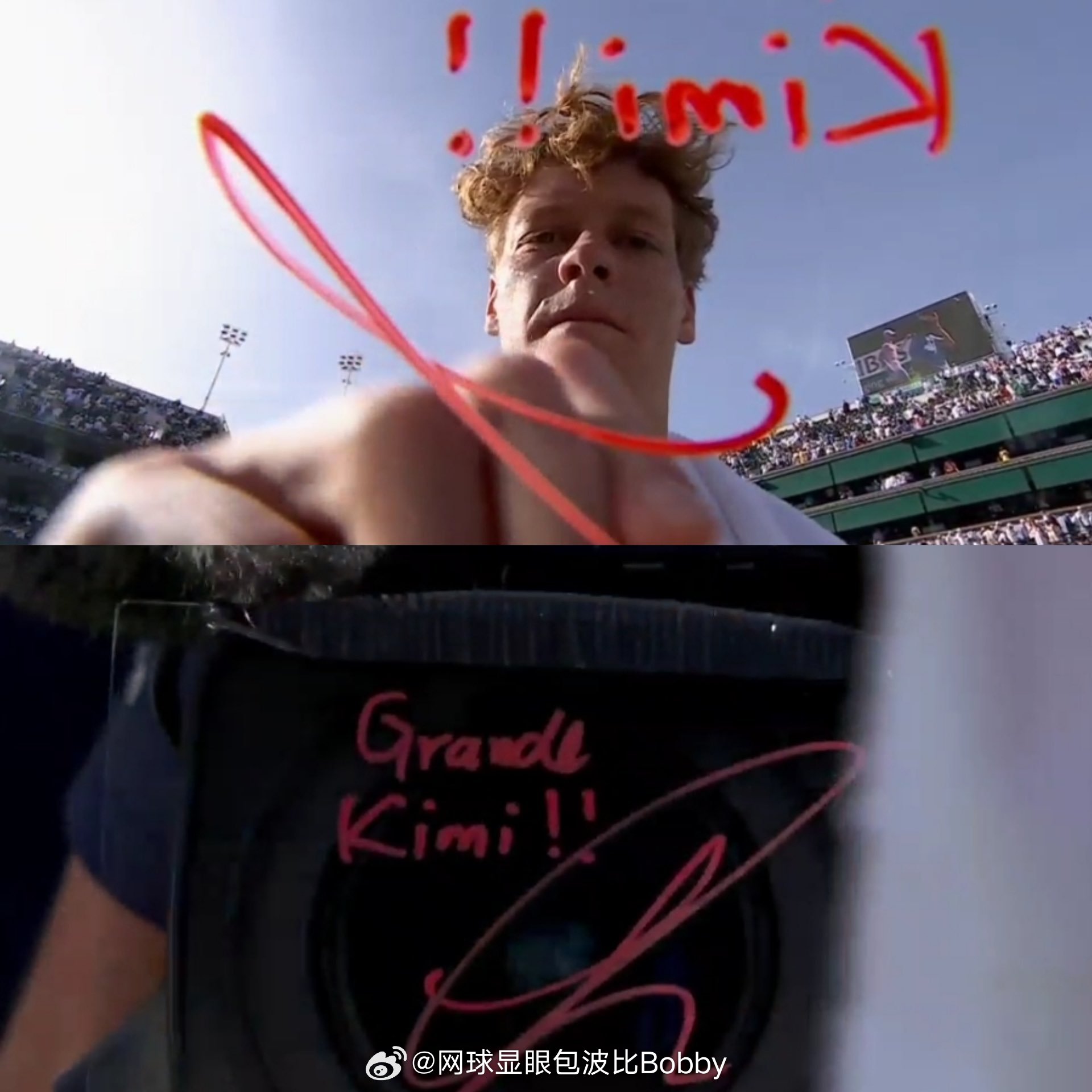 扬尼克·辛纳在赢得印第安维尔斯冠军后，向意大利F1车手安德烈亚·基米·安东内利送