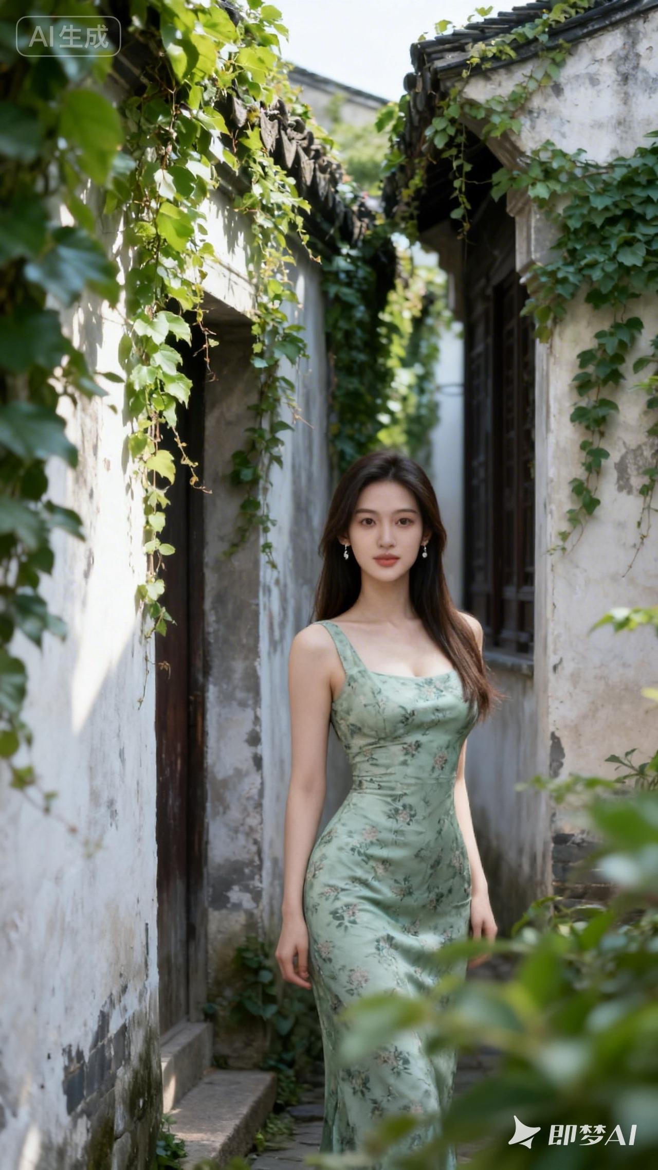 青石小巷，绿意盎然，花裙少女，悠然自得。