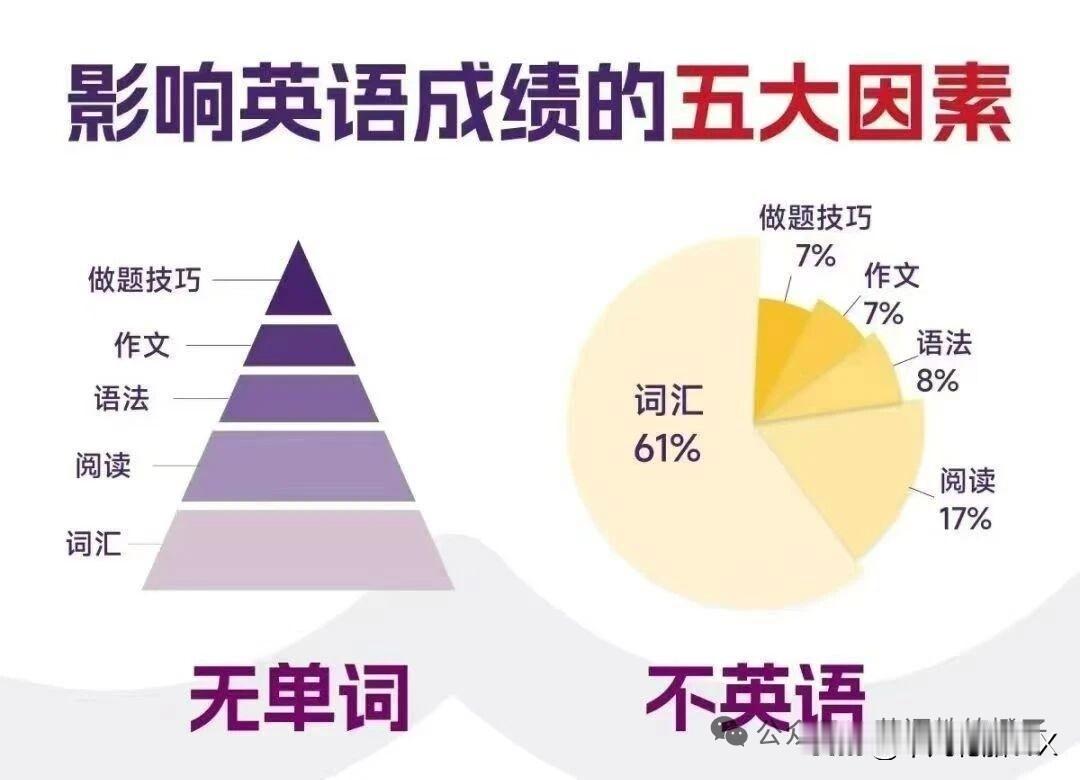 英语提分的关键在这儿！
看这“影响英语成绩的五大因素”图，词汇直接占了61%，妥
