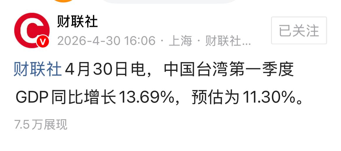台湾2026年1季度GDP增长13.69%，超过11.30%的预估值。
台湾经济