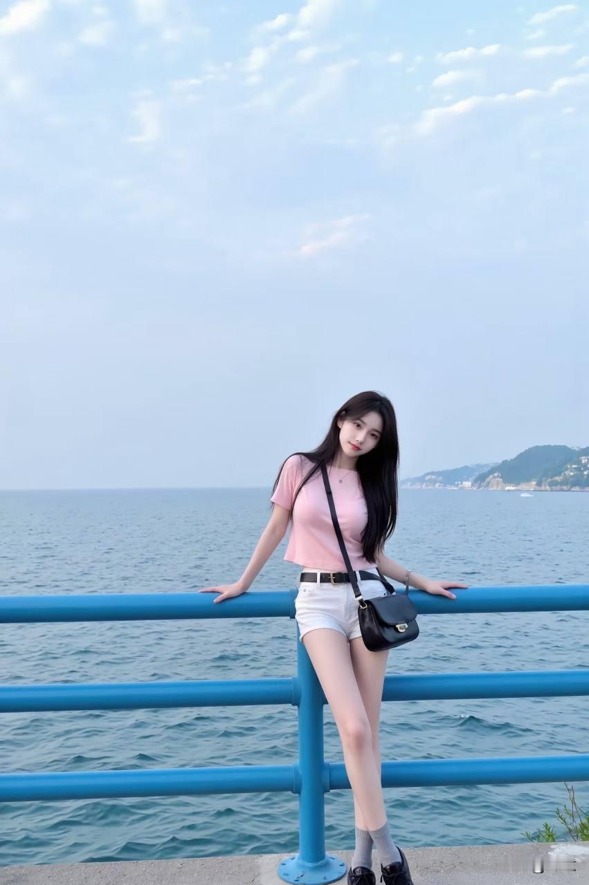 海风吻上发梢，粉色少女靠栏杆，蓝天碧海做背景，随手一拍都是心动瞬间。