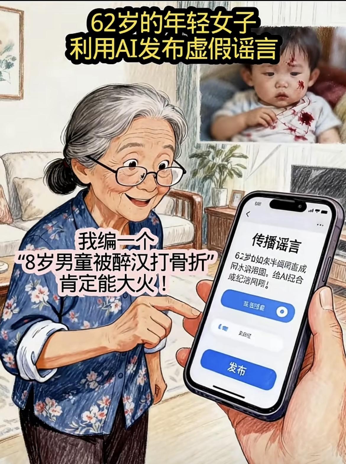 “ 62岁网民花900多元学造谣
用AT生成“8岁男童被醉汉打骨折” 谣言指望流