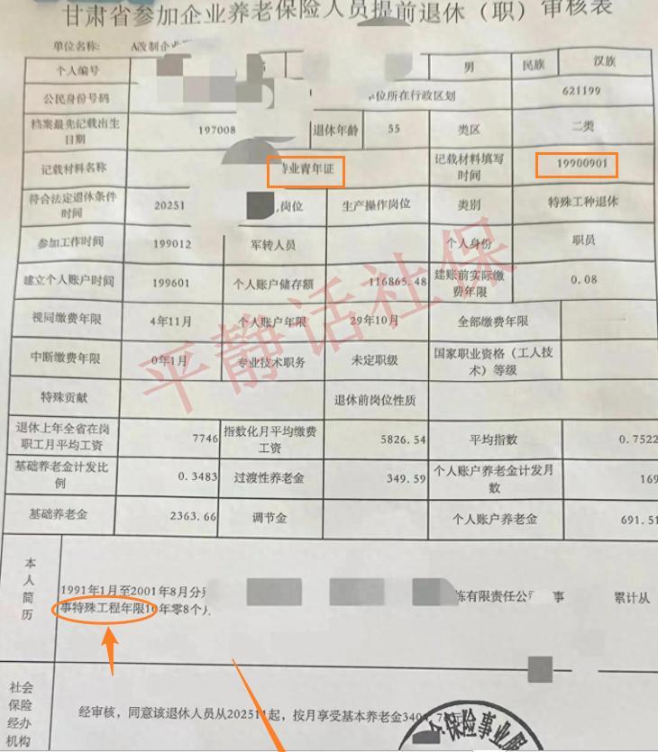 甘肃养老金！
一张信息量颇大的核定表。
男，特殊工种55岁退休，延迟2个月，缴费