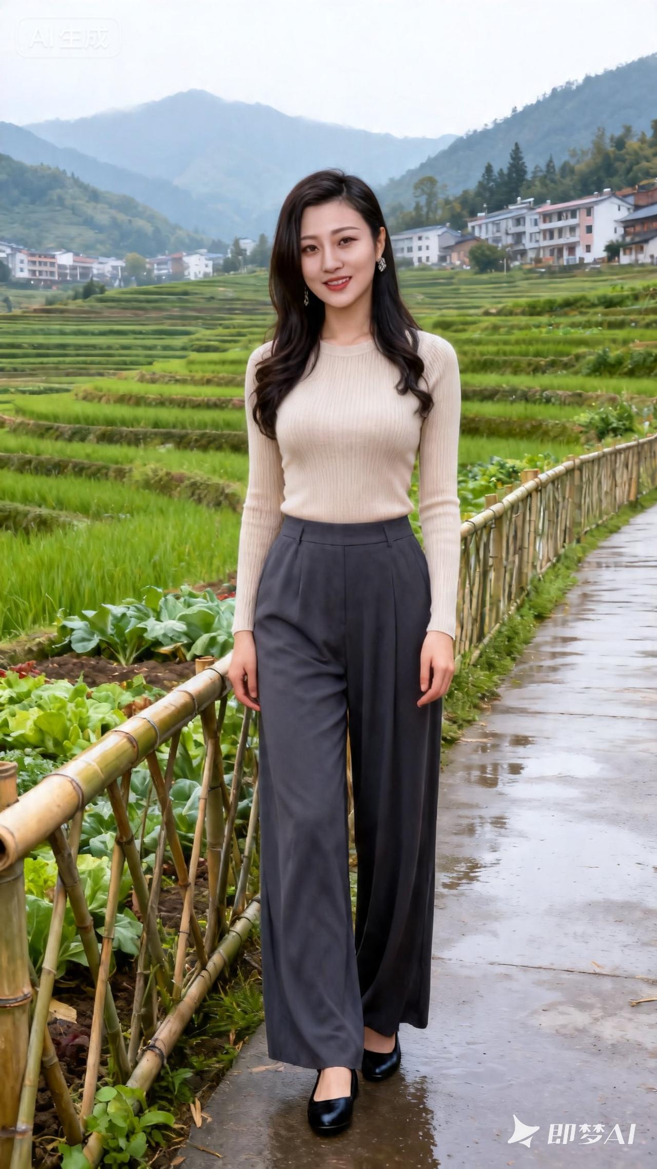 田园风光中的优雅穿搭，米色毛衣搭配黑色长裤，尽显自然之美。